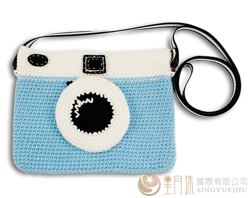 手鉤毛線-可愛相機側背包-粉藍(C0041)